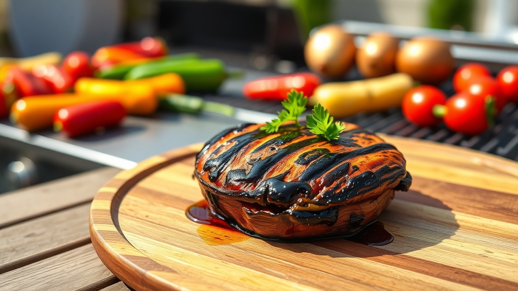 Grilled Portobello mushroom garnished with parsley on a wooden platter, surrounded by grilling vegetables.